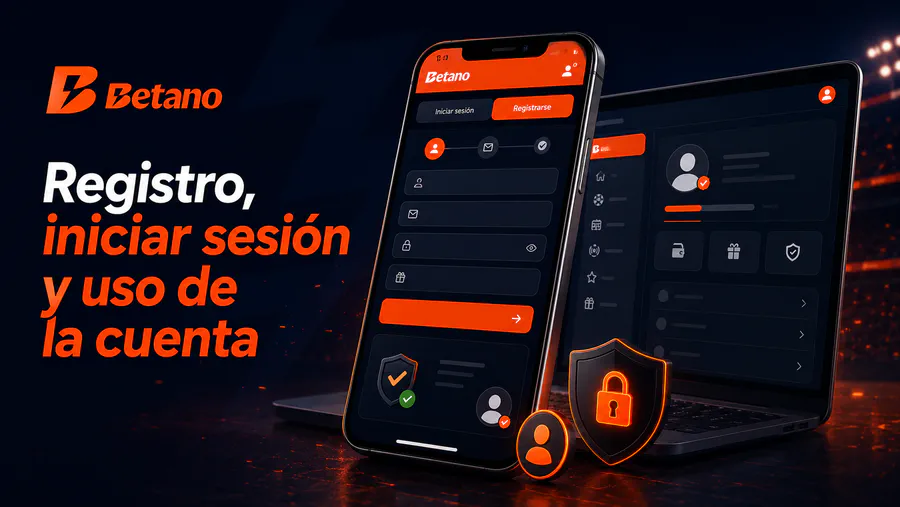 Registro e inicio de sesión en Betano con formulario de cuenta, perfil de usuario y verificación segura